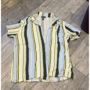 Forever 21 Mens Medium Dress Shirt Blue Yellow White Black Striped Short Sleeves